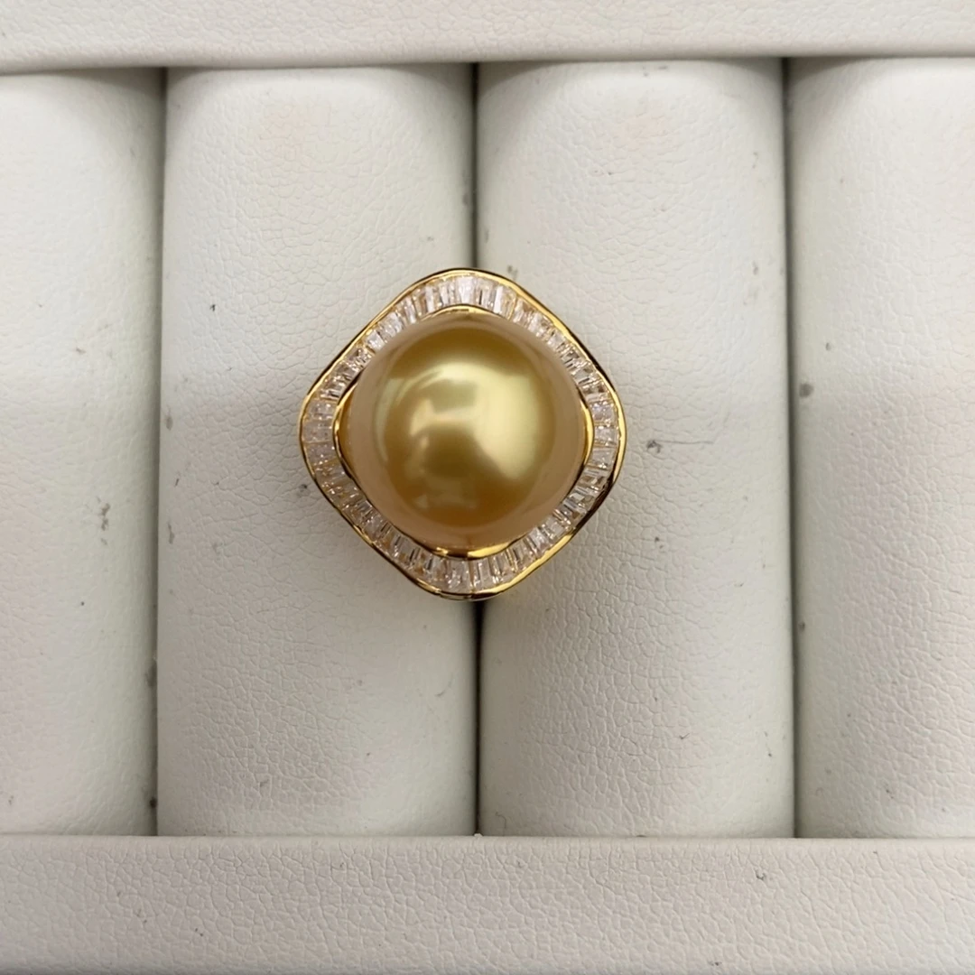 定制海水珍珠银S925镶嵌手饰金珠方糖戒指12.8mm