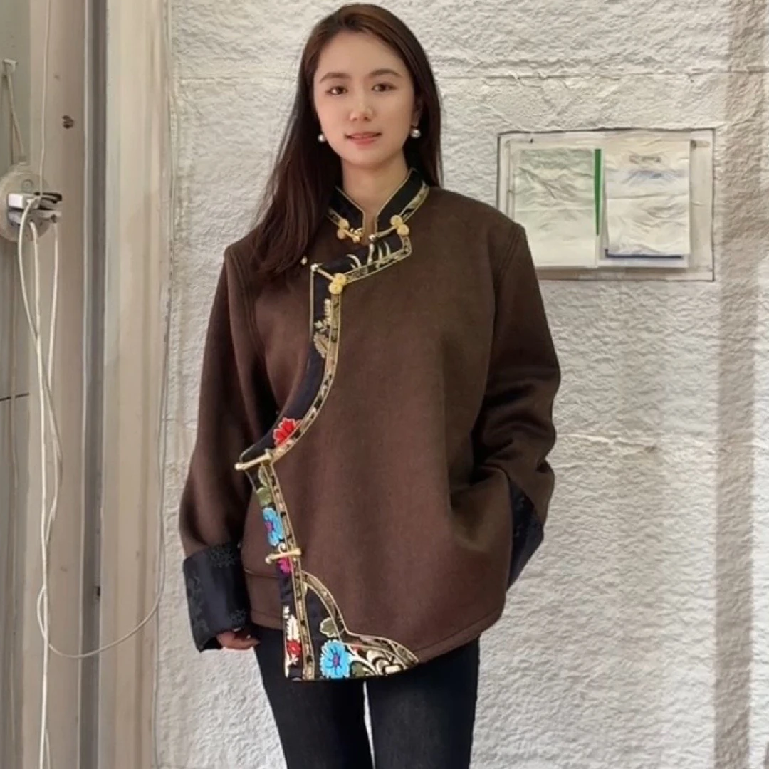 女士秋冬双面绒设计感双边领民族风配色边特色外套中国风上衣复古