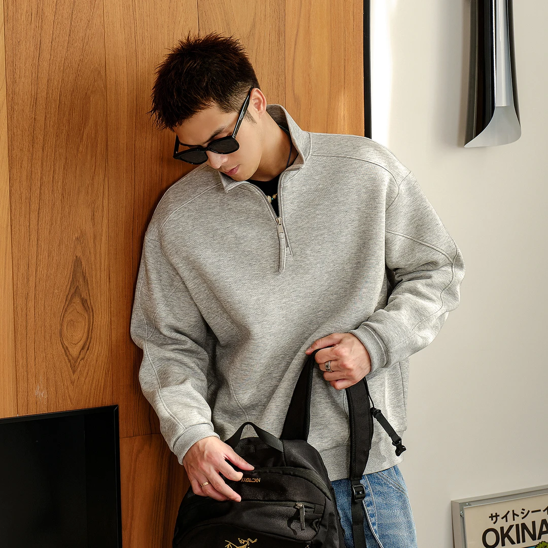 Aft studio【360g 缉明线】灰色半拉链立领卫衣春秋休闲运动风上衣