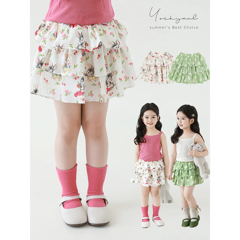 幼悠女童三层蛋糕短裙夏季甜美田园小兔印花轻薄透气半裙X5232
