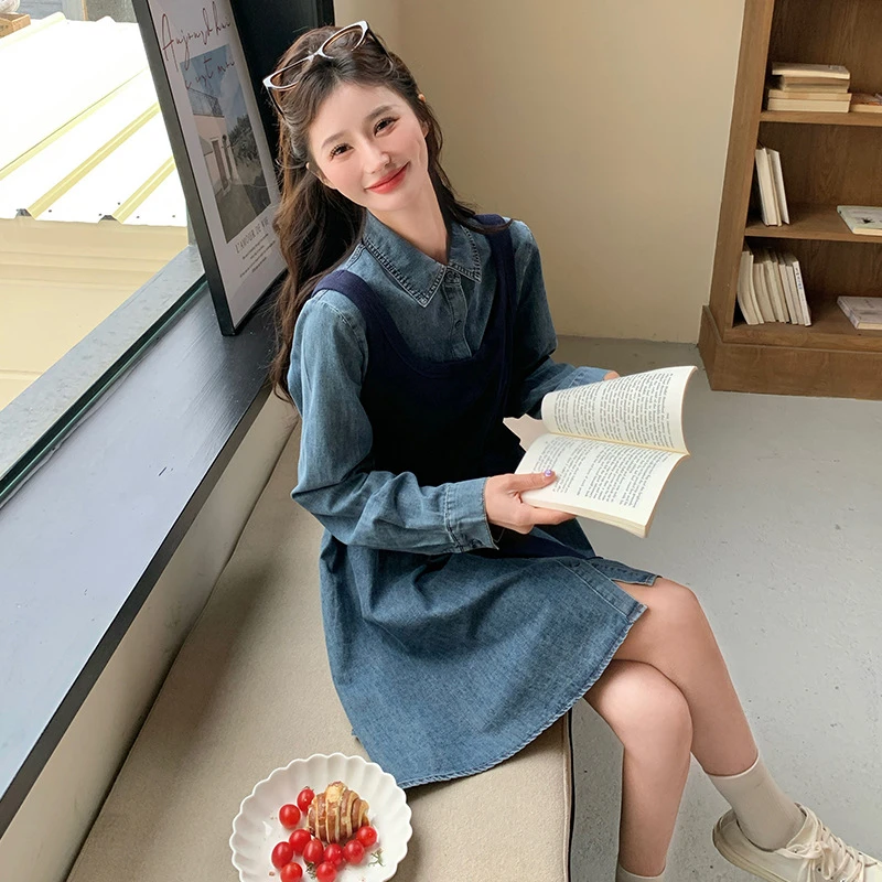 港风复古高级感假两件牛仔连衣裙女中长款2025年夏季新款韩版裙子