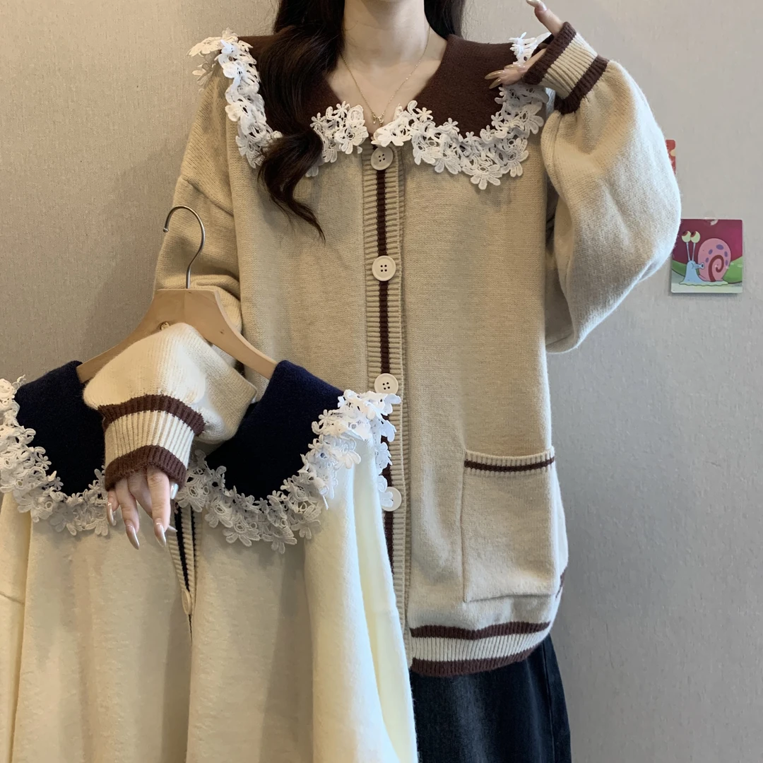学院风蕾丝花边海军领针织开衫秋冬新款慵懒显瘦减龄百搭毛衣6584