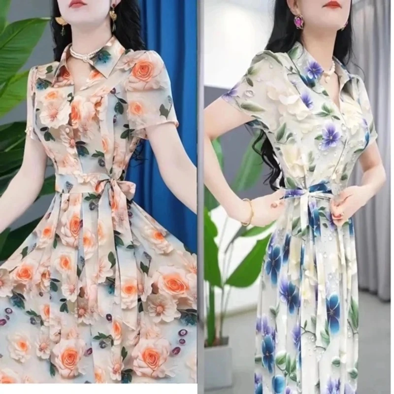 2025年夏季新款时尚短袖连衣裙女气质显瘦减龄中长款印花休闲裙子