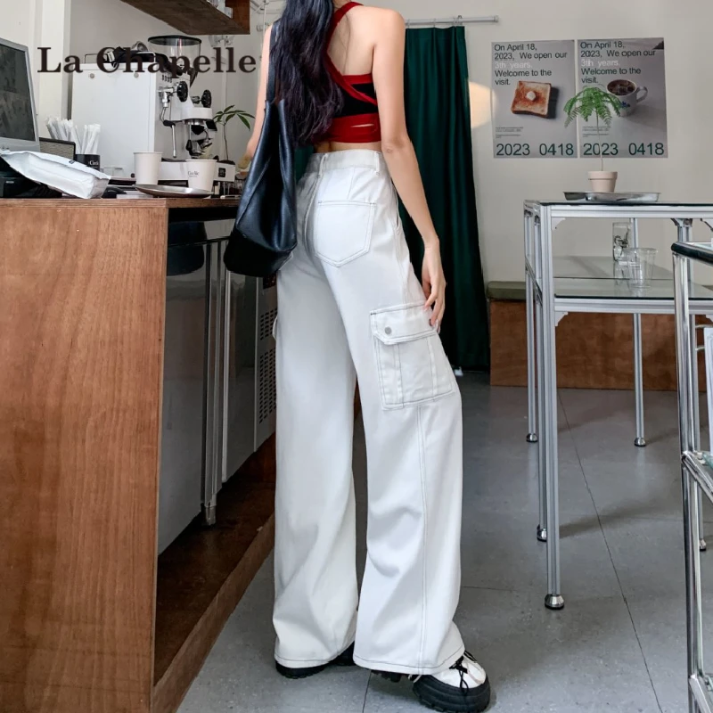 拉夏贝尔白色工装阔腿裤子女春秋季2025新款美式高街复古休闲长裤