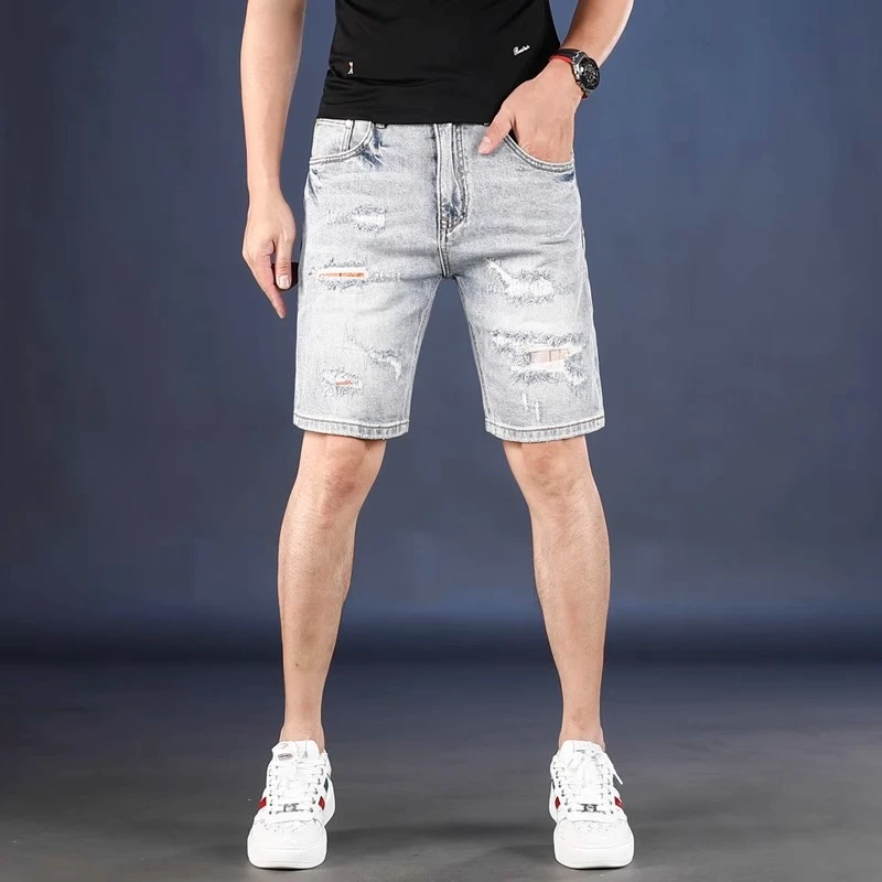 2025夏季破洞牛仔短裤男款浅色百搭潮流补丁痞帅五分裤修身男中裤