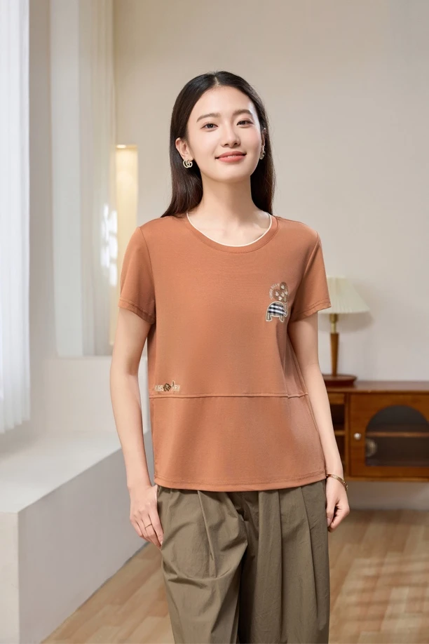 圆领短袖中老年女装大码夏装休闲纯色薄款家居服女