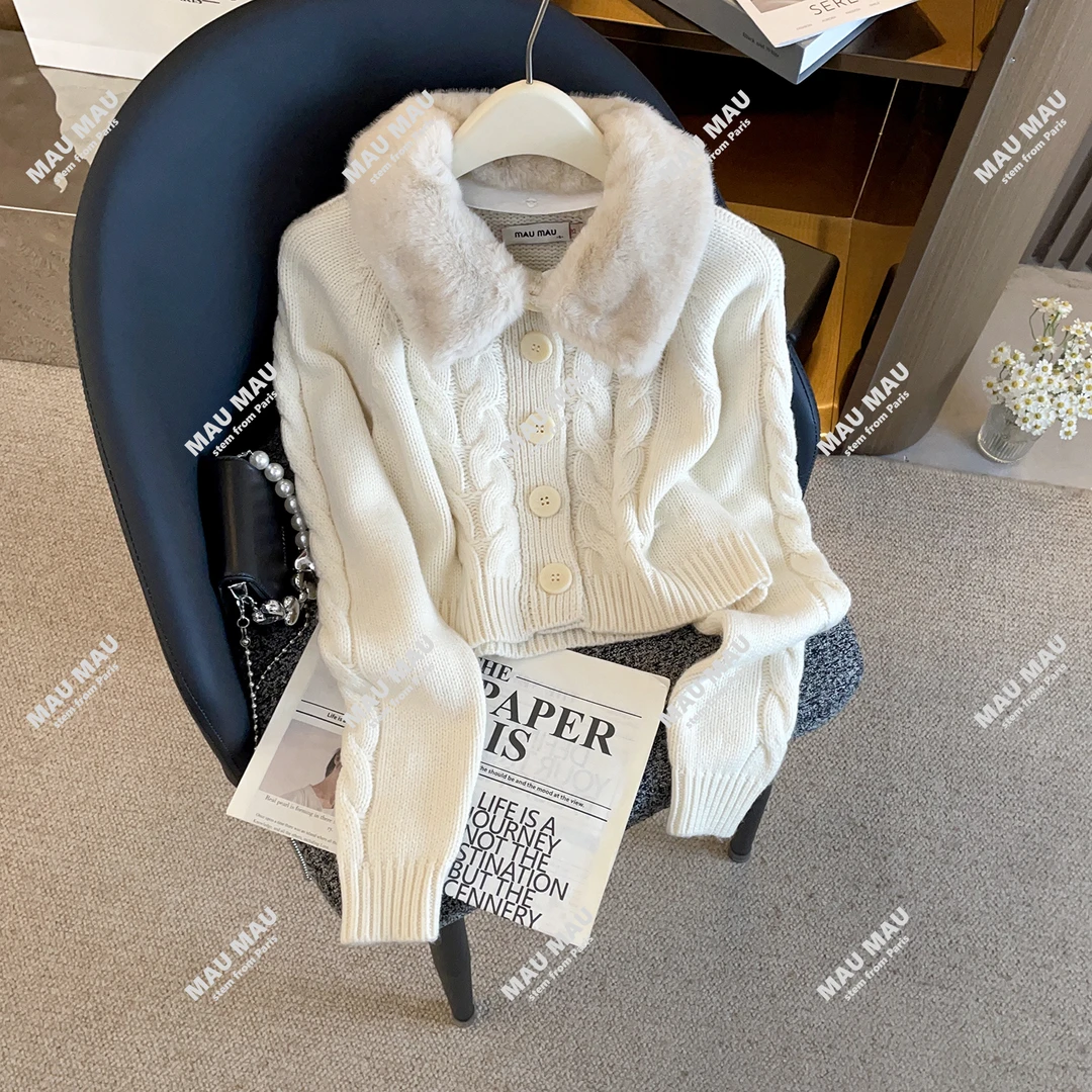韩版毛衣女宽松百搭麻花编织翻领针织开衫保暖外套MAU1943