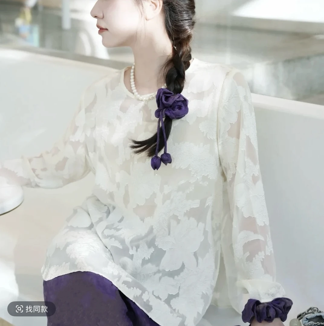 【星骓醋酸】（剪花乔其）2025夏季新款时尚圆领剪花显瘦宽松上衣