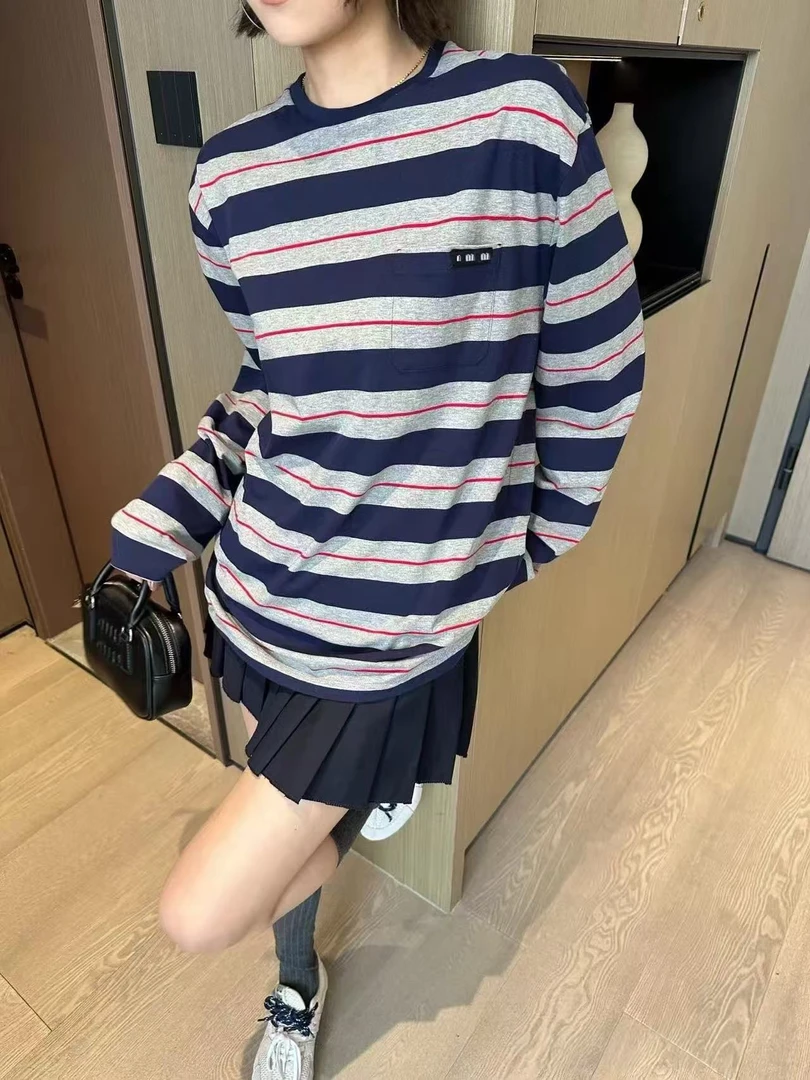 MM条纹宽松慵懒风休闲百搭韩版韩版小众设计感男女同款长袖T恤