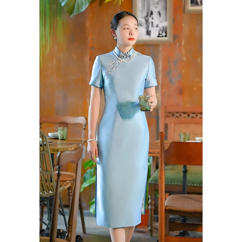 手工旗袍52189 金吴针旗袍丝毛高档刺绣气质复古宴会修身显瘦短袖