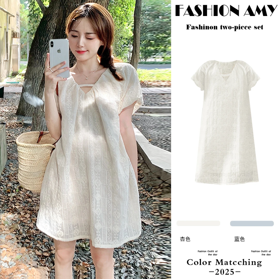 孕妇连衣裙夏款2025新款时尚洋气休闲小个子泡泡袖孕妇夏装娃娃裙