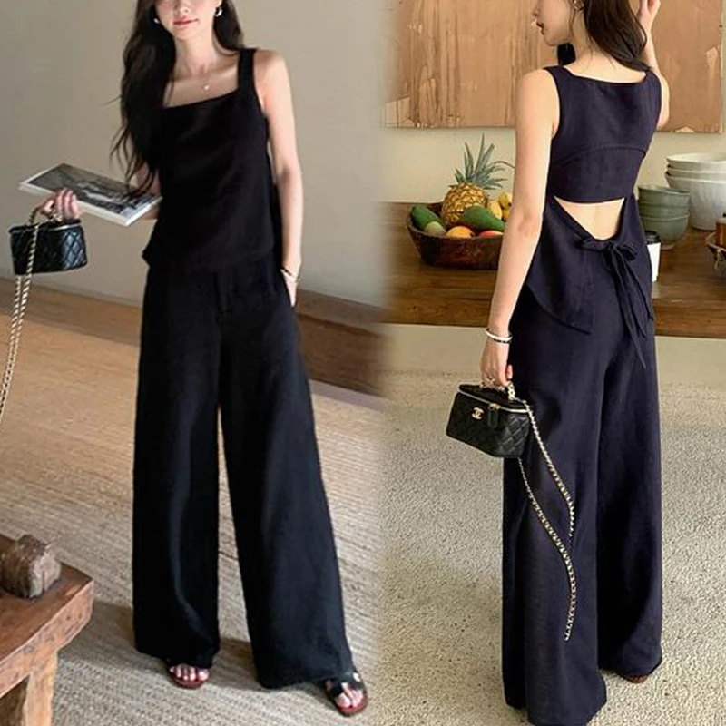 高级感气质套装女装2025年夏季绑带露背设计感上衣显瘦西裤两件套