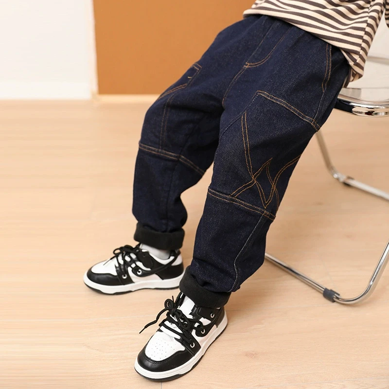 米西果男童加绒裤子秋冬2024新款冬季加厚儿童牛仔裤冬装童装保暖