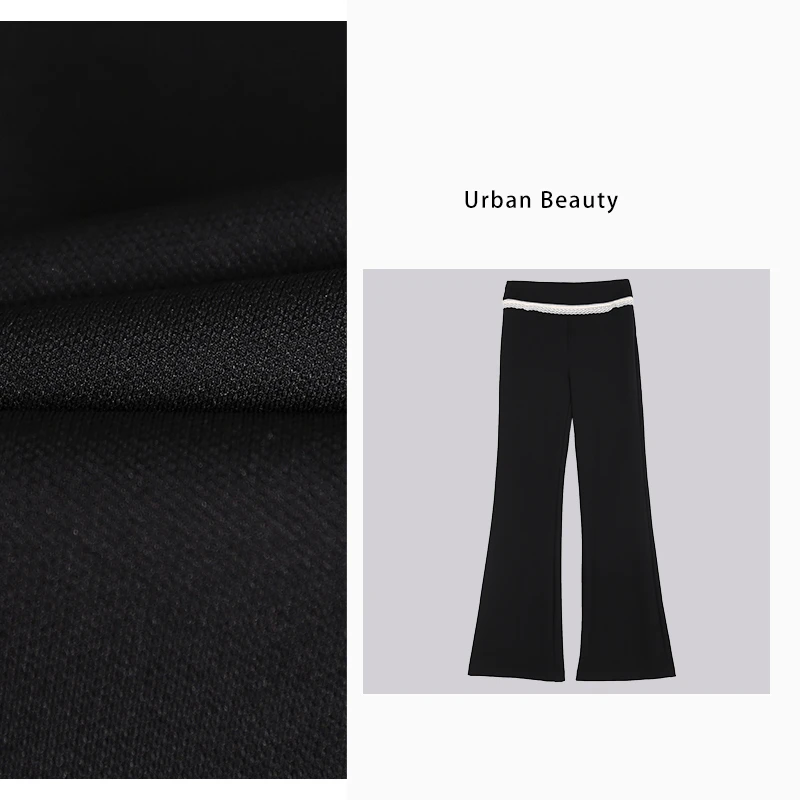 腰部蕾丝边高腰微喇裤显瘦时尚休闲夏季黑色外穿宽松薄款DF2205