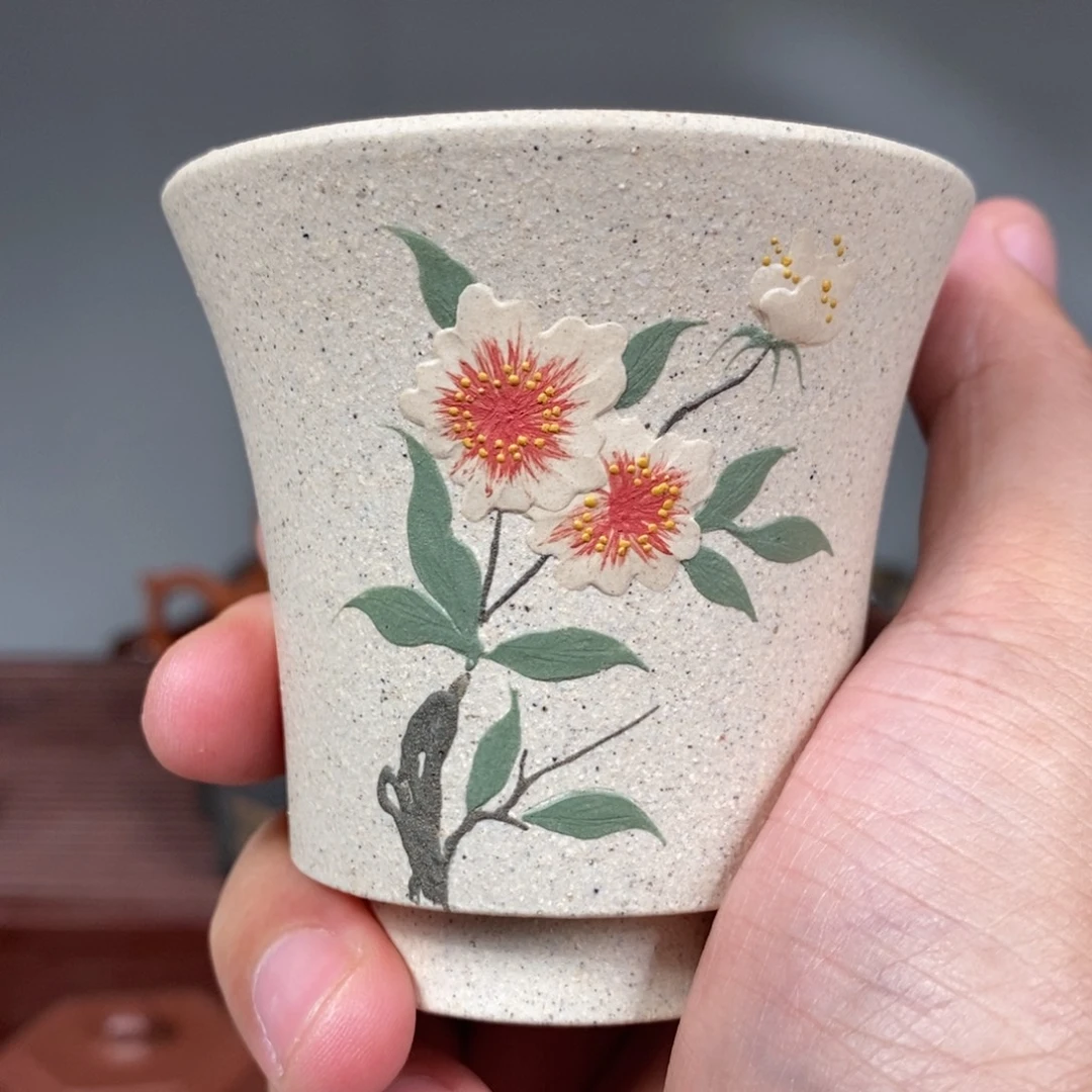 茶杯紫砂白泥 贴花主人杯 半手工