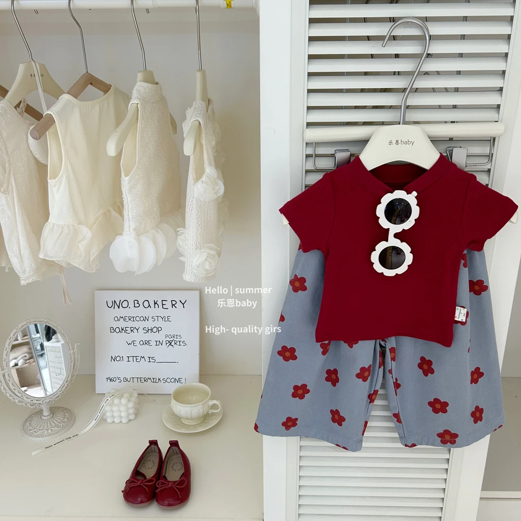 【现货】【乐恩baby】女童夏季新款红色T恤花朵阔腿裤时髦洋气套装