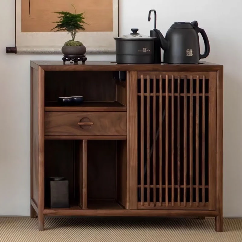 茶水柜客厅家用家具黑胡桃色榫卯结构实木老榆木新中式简约