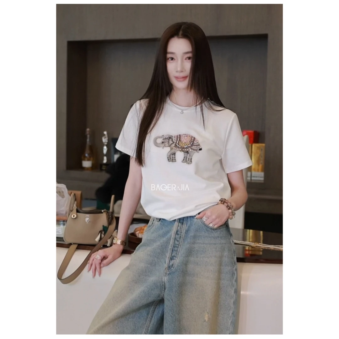 27-【吉象~T】宝儿家含幂BL96025103春夏款手工镶钻钉珠大象T恤上衣