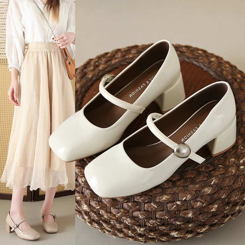 2025春秋新款韩版通勤方头亮皮玛丽珍法式温柔粗跟百搭显瘦单鞋
