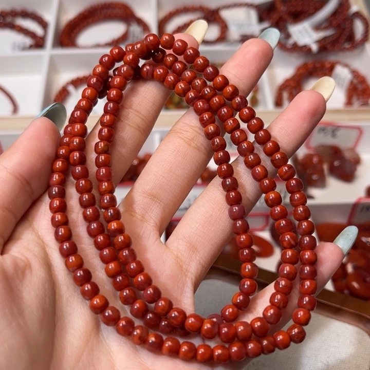 南红玛瑙未镶嵌手链满肉柿子红牛血双色5mm老型