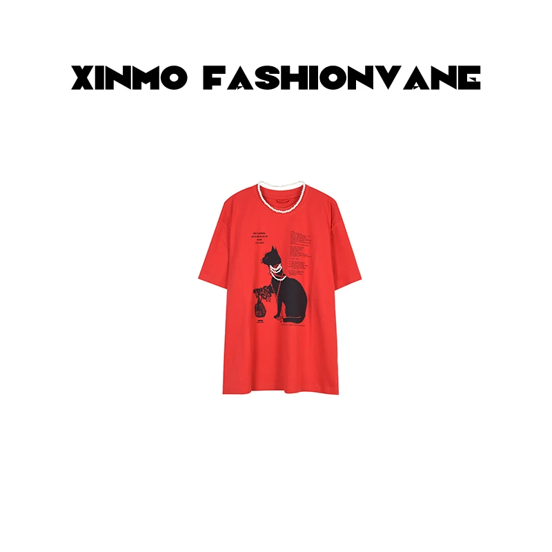 【XINMO买手店】休闲宽松猫咪印花潮酷珍珠圆领短袖T恤C01190501