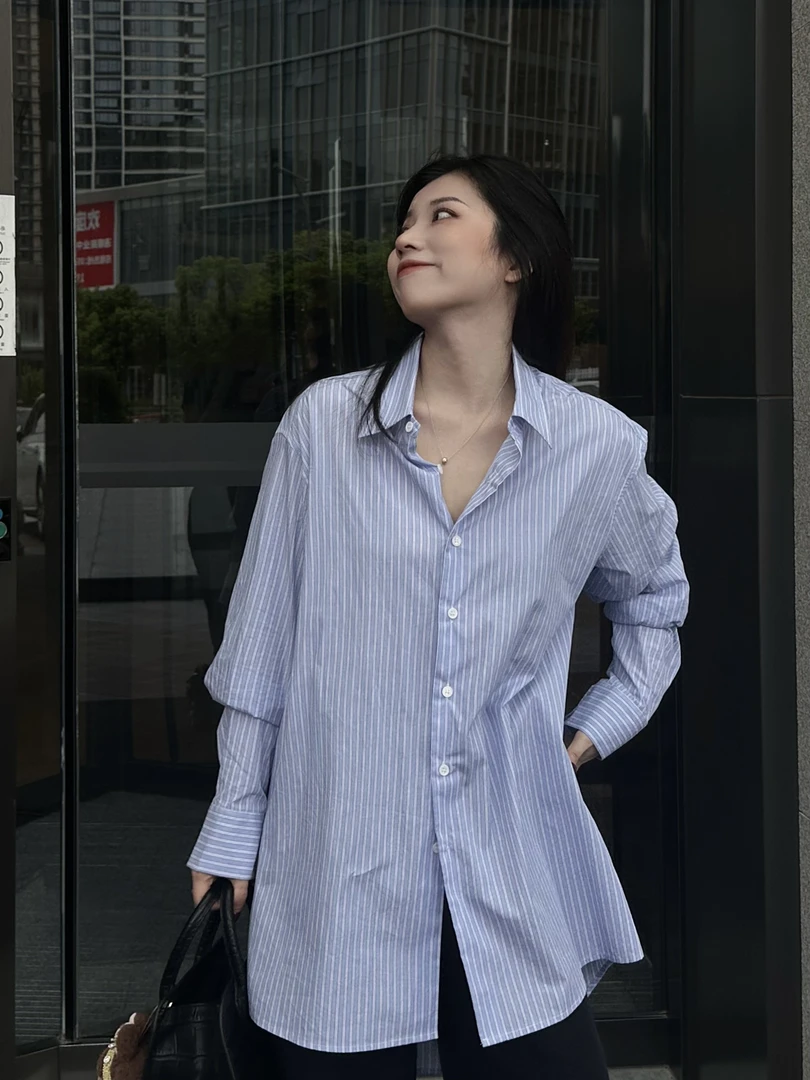 廓形高织棉纱彩条肌理长袖休闲条纹衬衫女 489
