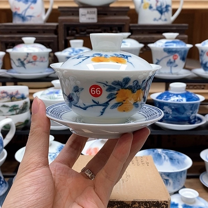 手绘喜柿图盖碗160cc三才釉下彩微瑕福利款