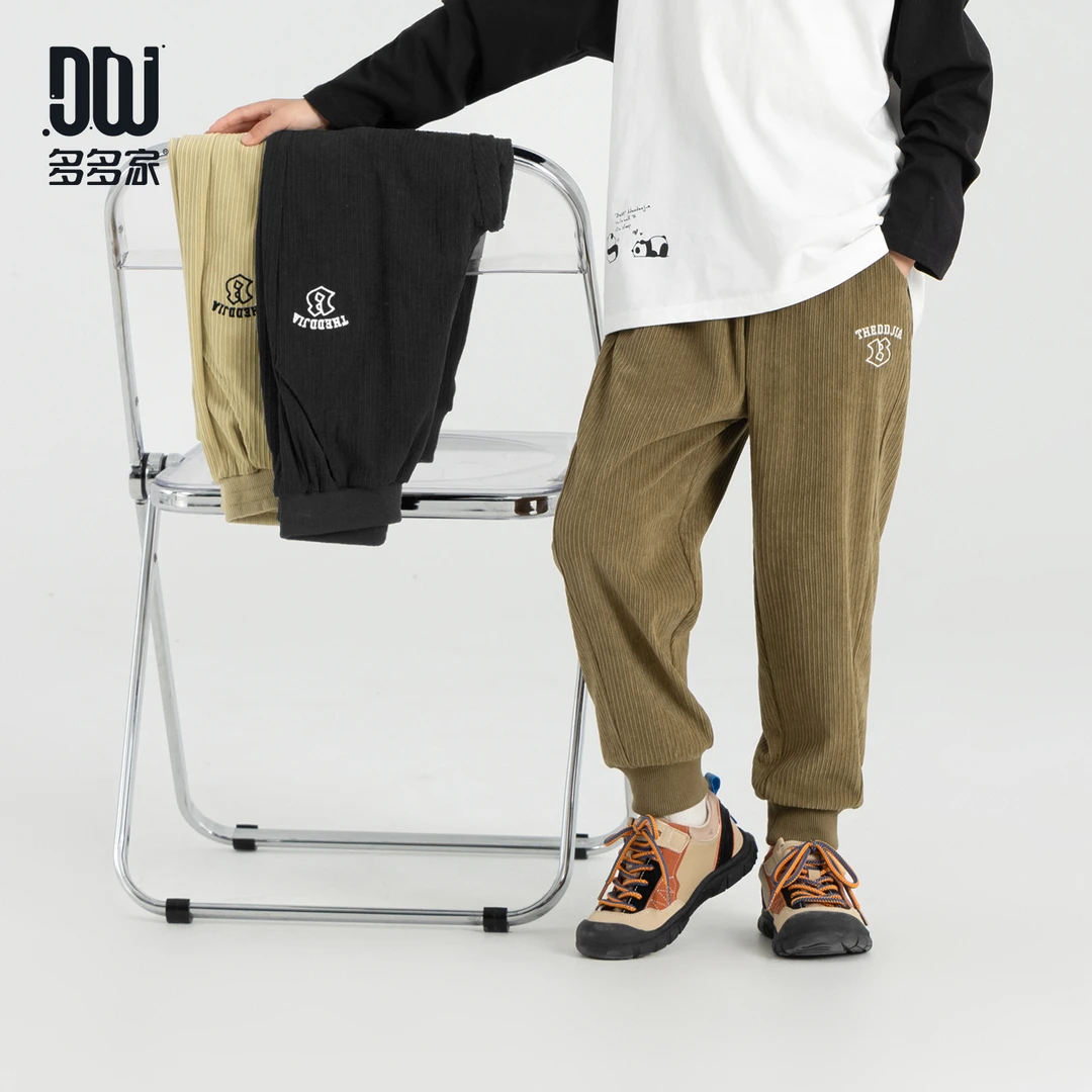 多多家11109【竖条灯芯绒】中大童秋季竖条绒百搭精致刺绣针织裤