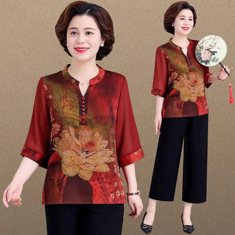 妈妈夏装雪纺套装仿真丝凉快小衫中老年人女奶奶装宽松大码两件套