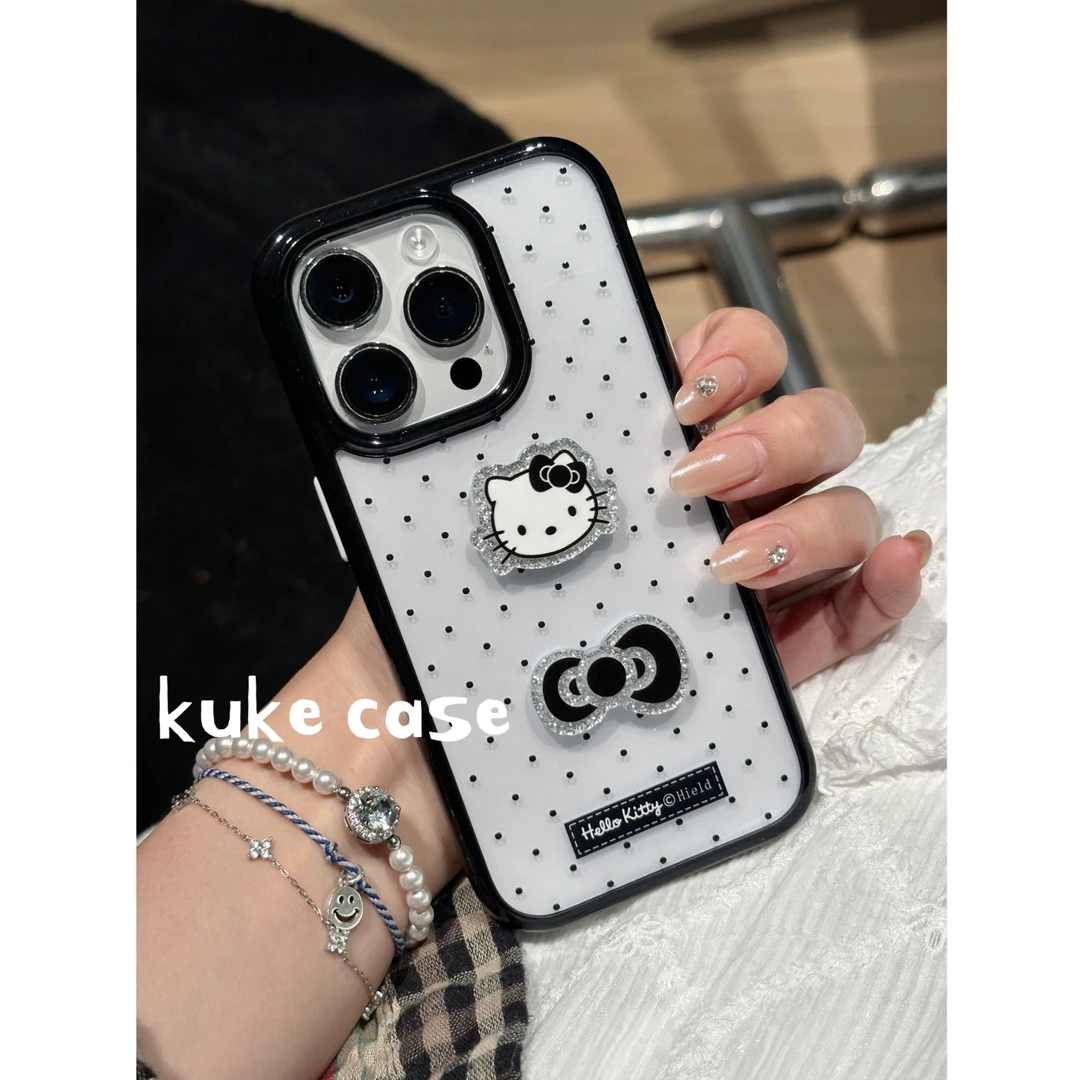 【适用苹果】ins可爱波点立体Kitty透明黑边手机壳iPhone16Pro
