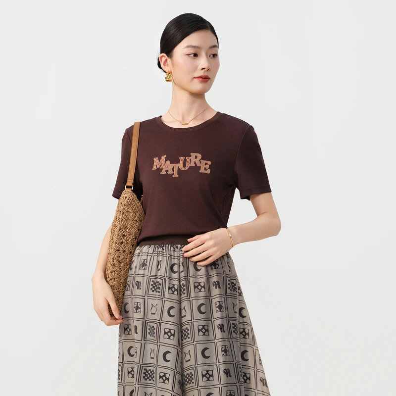 dunnu敦奴2025年夏新款圆领字母刺绣百搭短袖休闲T恤女