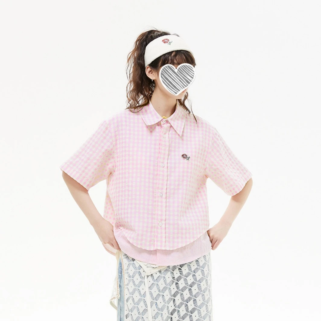 韩系别致假两件拼接格子衬衫男女夏季甜美温柔风减龄短袖上衣