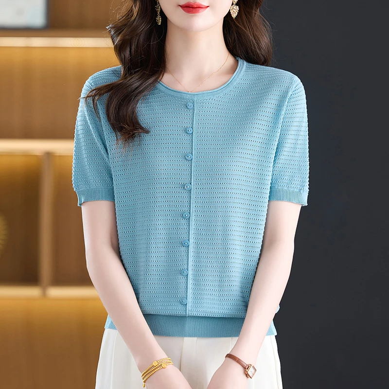 2025新款夏季薄款假开衫圆领时尚镂空气质显瘦减龄短袖T恤女85089
