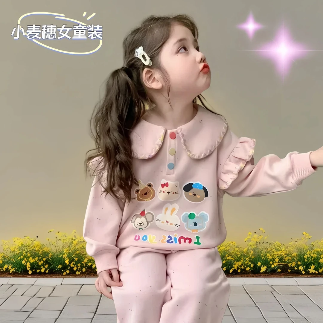 小女童套装长袖洋气休闲时髦娃娃领趣味韩版运动花边卡通春秋女宝