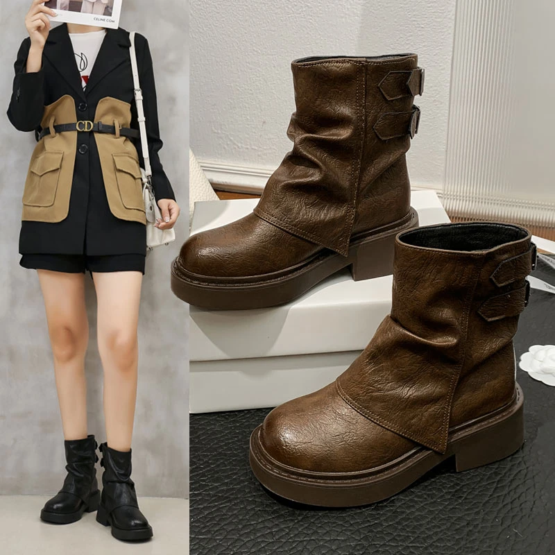 堆堆短靴女2025新款秋冬季厚底马丁靴女款棕色靴子穿搭裤管靴单靴