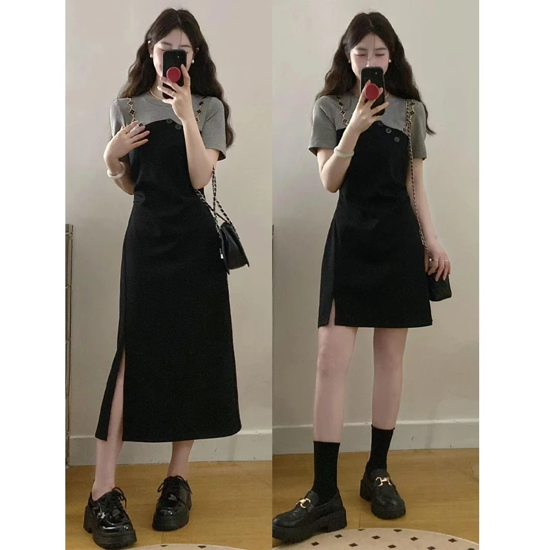 MO88ZSPF大码夏季胖mm假两件拼接设计感收腰连衣裙显瘦小黑裙