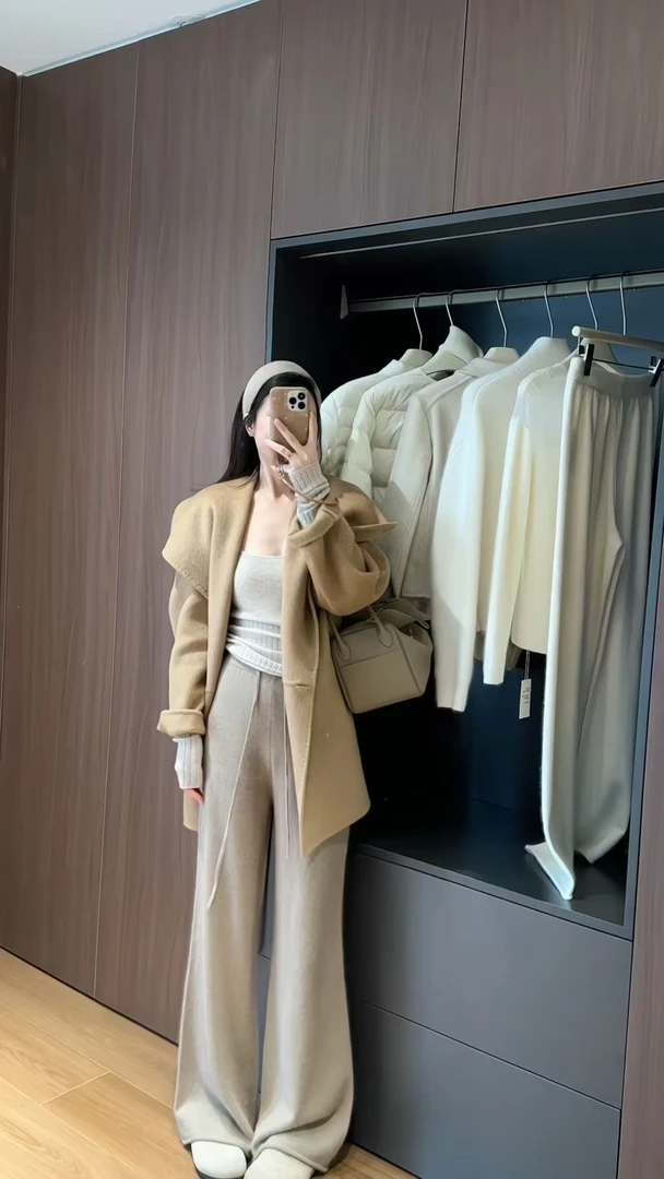 2025秋冬新款韩系简约翻领慵懒宽松气质毛呢外套针织衫休闲裤套装