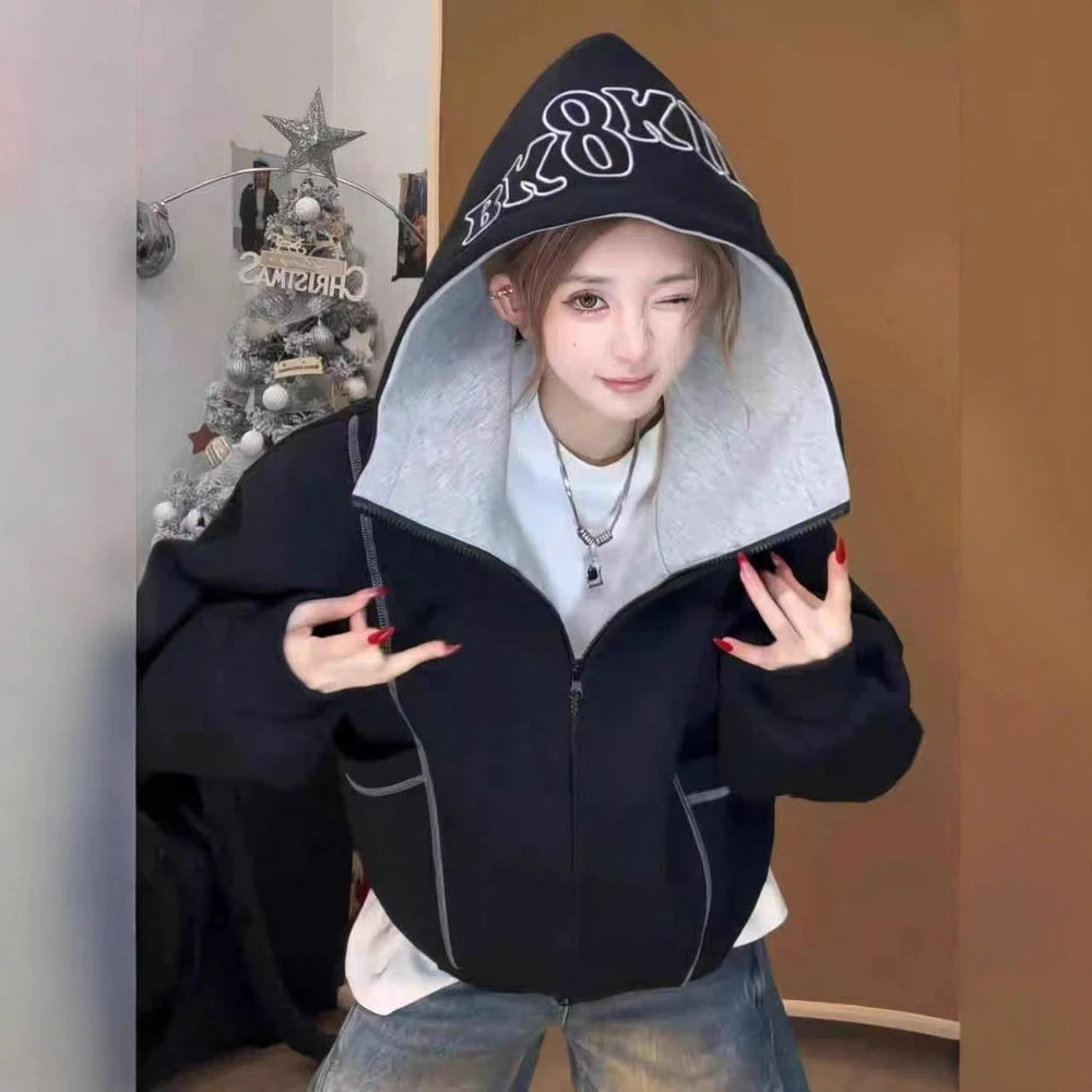 春秋美式高街刺绣字母明线连帽卫衣男女情侣国潮开衫外套