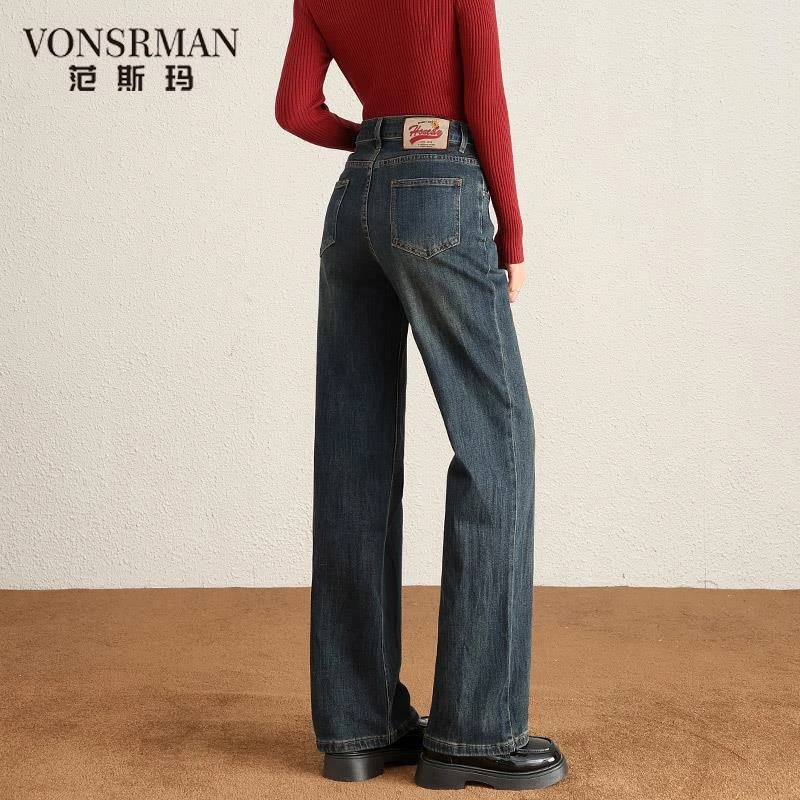 窄版阔腿牛仔裤女2025年新款复古高腰显瘦裤子女秋季款宽松直筒裤