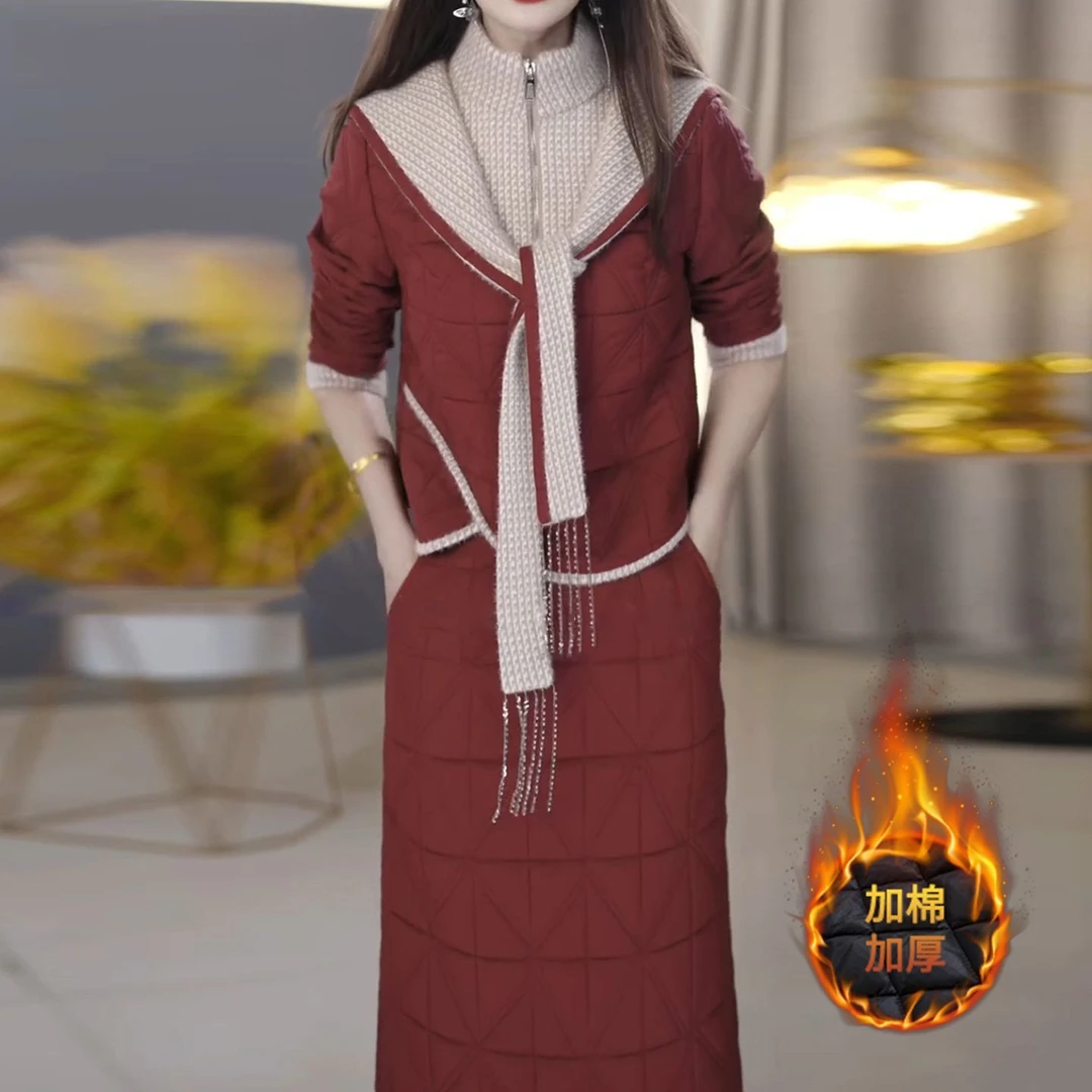 高级蓄热棉洋气时髦优雅俩件套2025秋季新款中年妈妈修身连衣裙女
