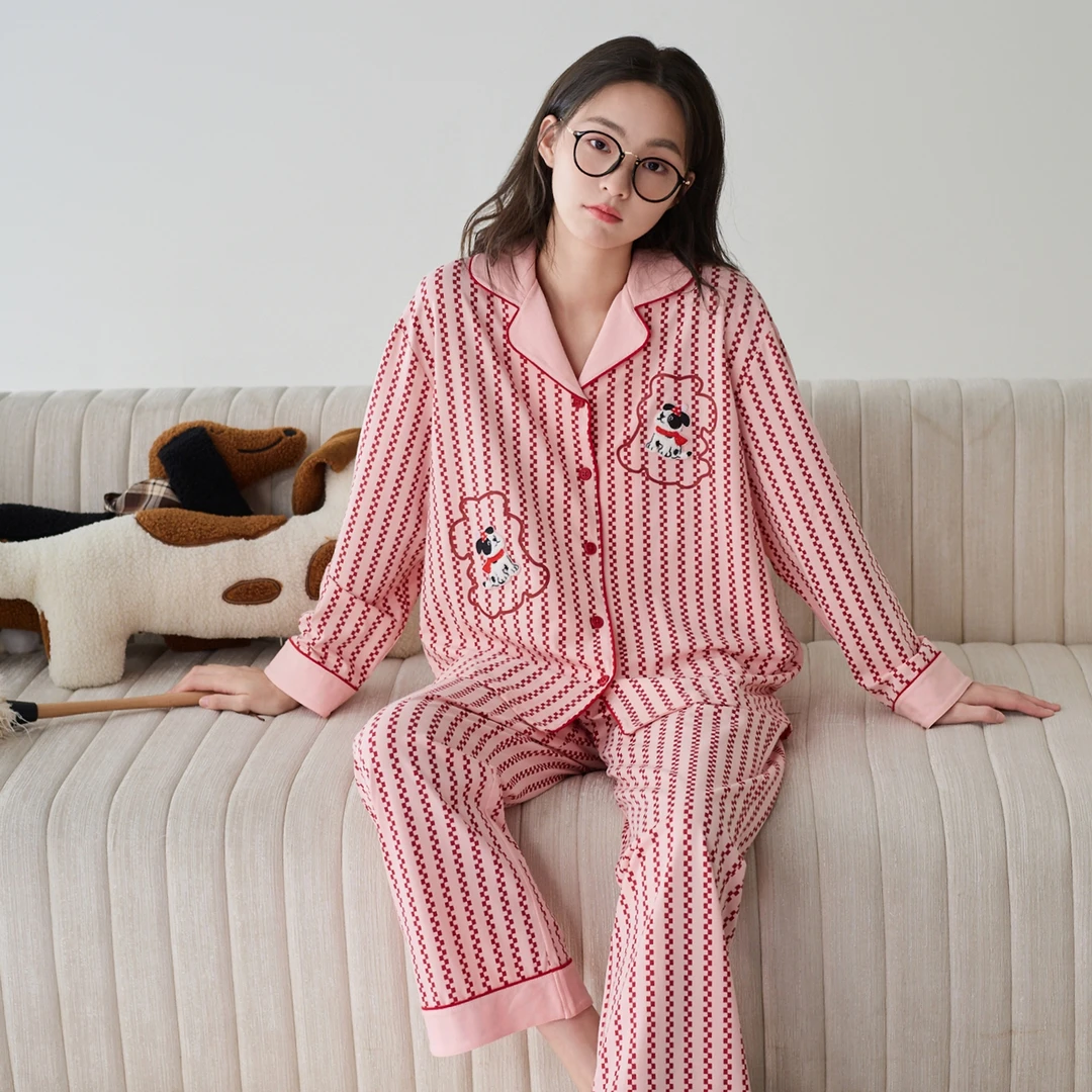 芬腾睡衣女款春秋季长袖长裤全棉休闲简约秋季外穿家居服套装