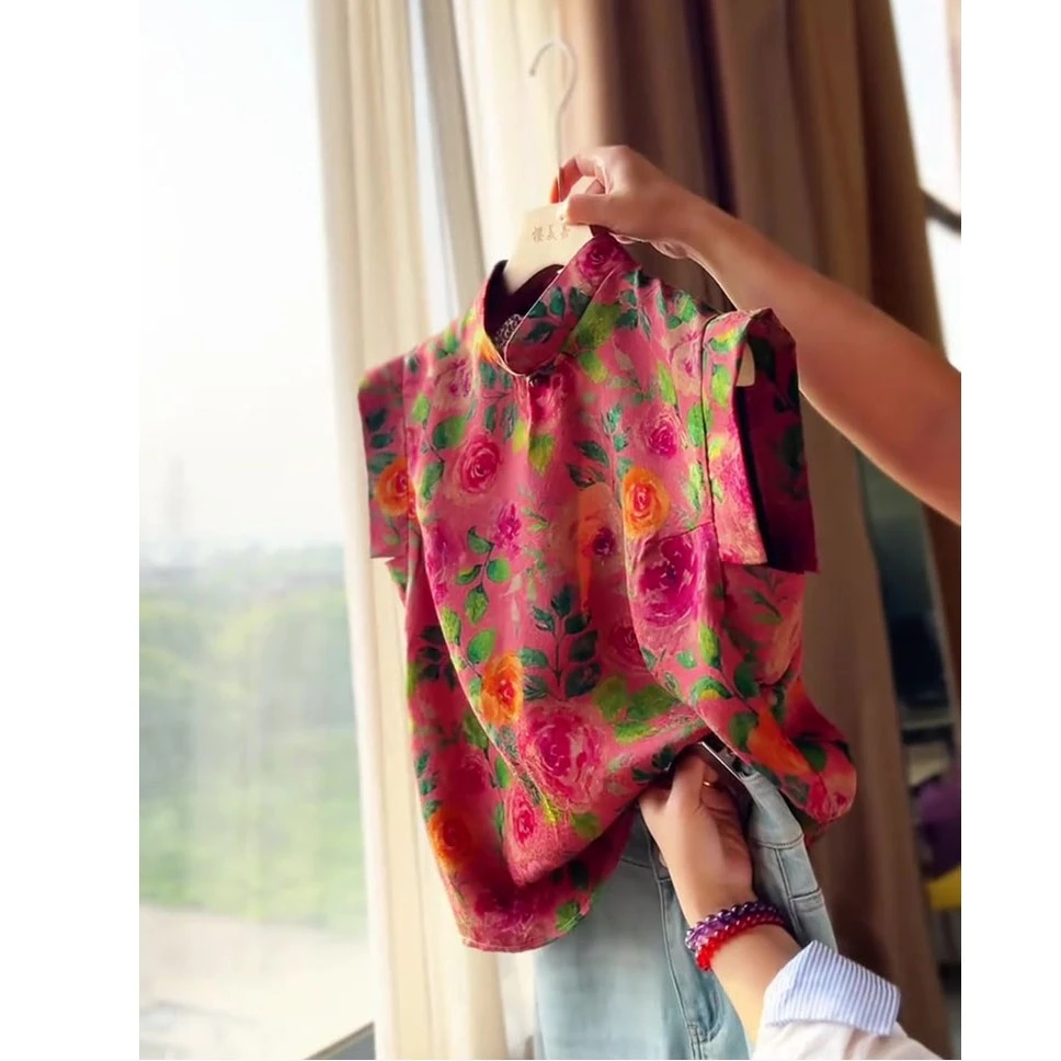 新中式小众复古国风设计感时尚花朵印花飞袖立领百搭T恤2025新款