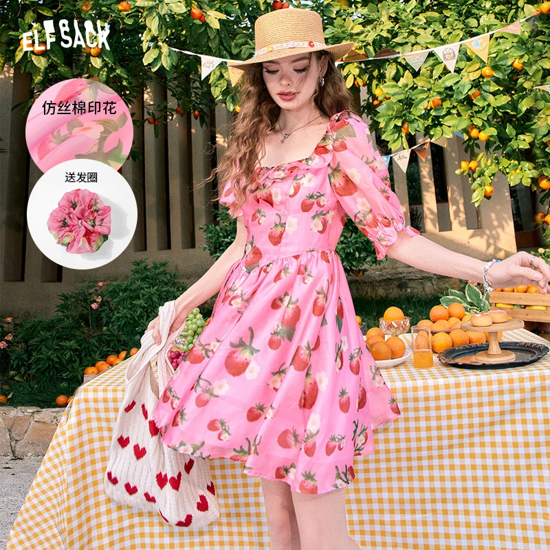 【小铃铛】妖精的口袋泡泡袖草莓印花连衣裙夏度假风公主裙子