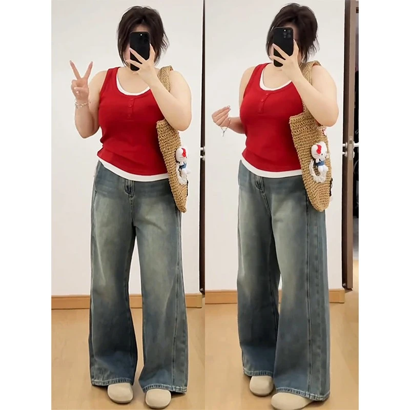 特大码女装美式复古蓝阔腿牛仔裤女秋季新款胖mm显瘦修容直筒长裤