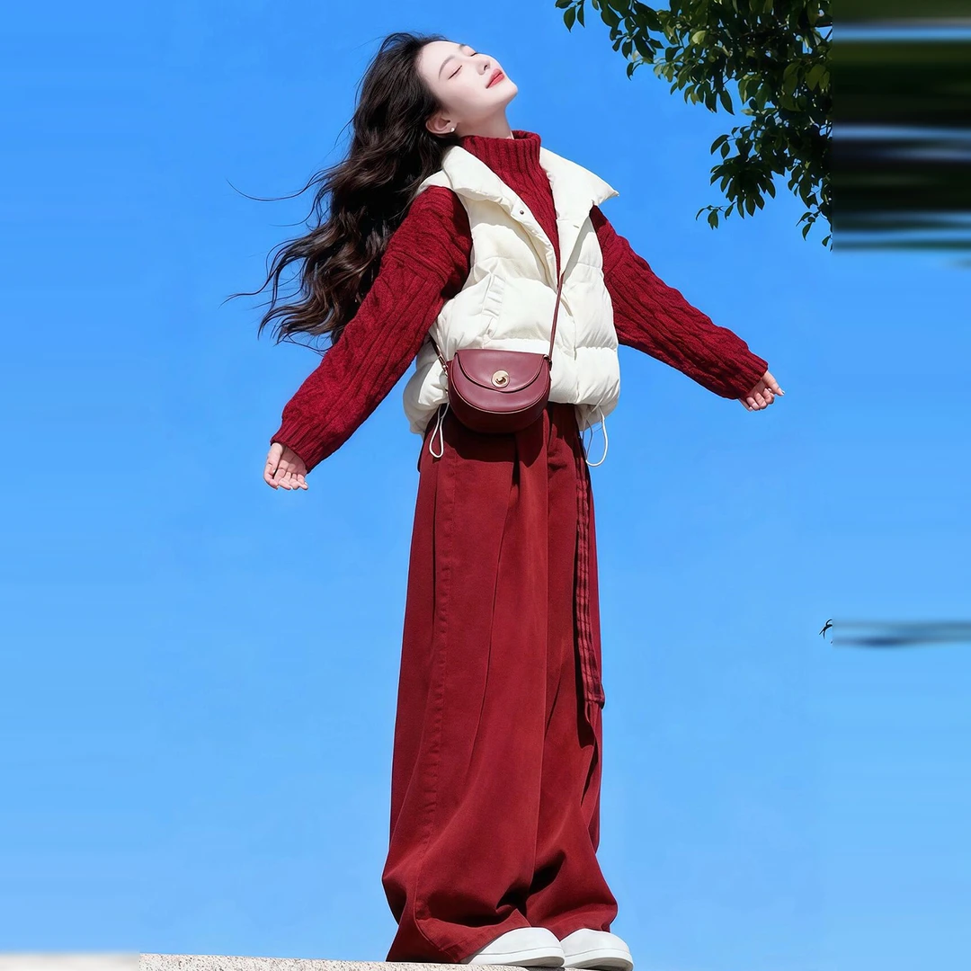 2025新款冬红色针织毛衣女阔腿裤巨好看一整套ootd高级感圣诞穿搭