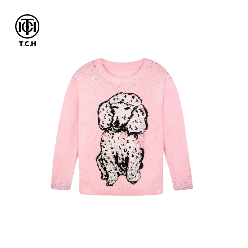 轻奢-TCH高定烫钻小狗慵懒风圆领粉色毛衣针织衫上衣T72C098003