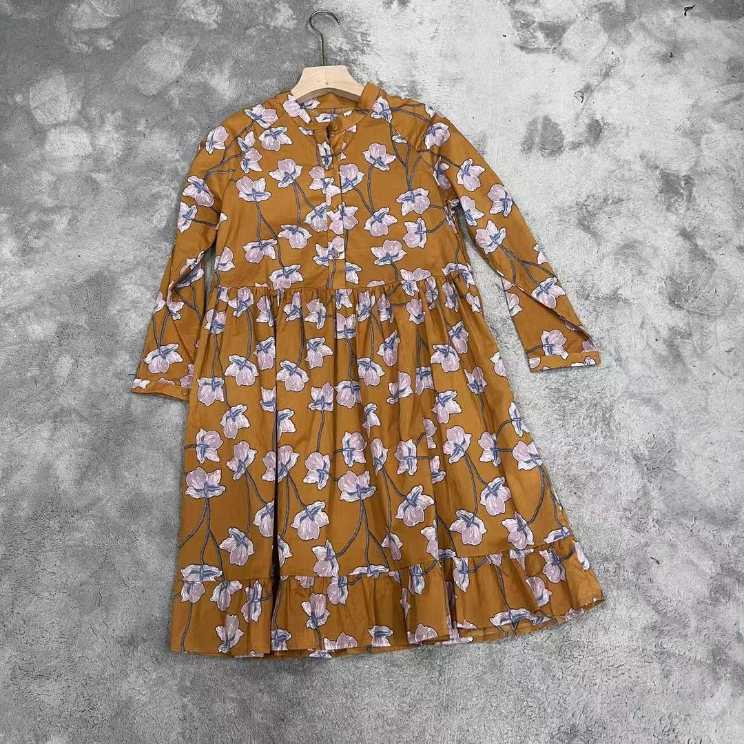 25春夏定制全棉玉兰花型长袖连衣裙