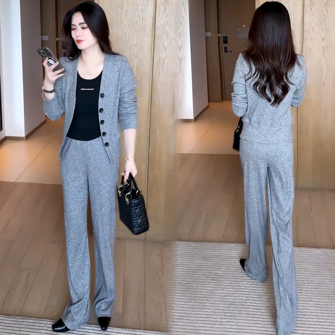 时尚休闲套装女2025秋季新款洋气减龄遮肉显瘦开衫阔腿裤两件套潮