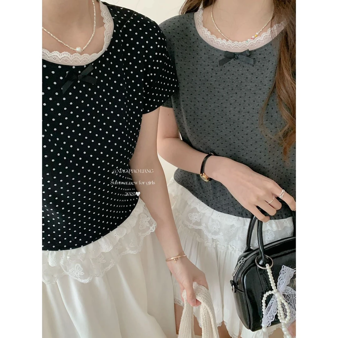韩系甜美学院风蝴蝶结蕾丝拼接上衣波点撞色设计感T恤3615#0.1