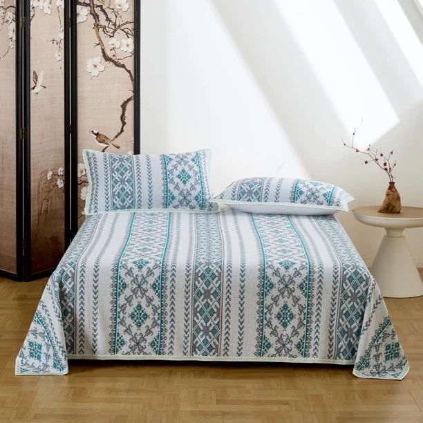 高端针织亚麻凉席印花三层床单防滑床盖三件套